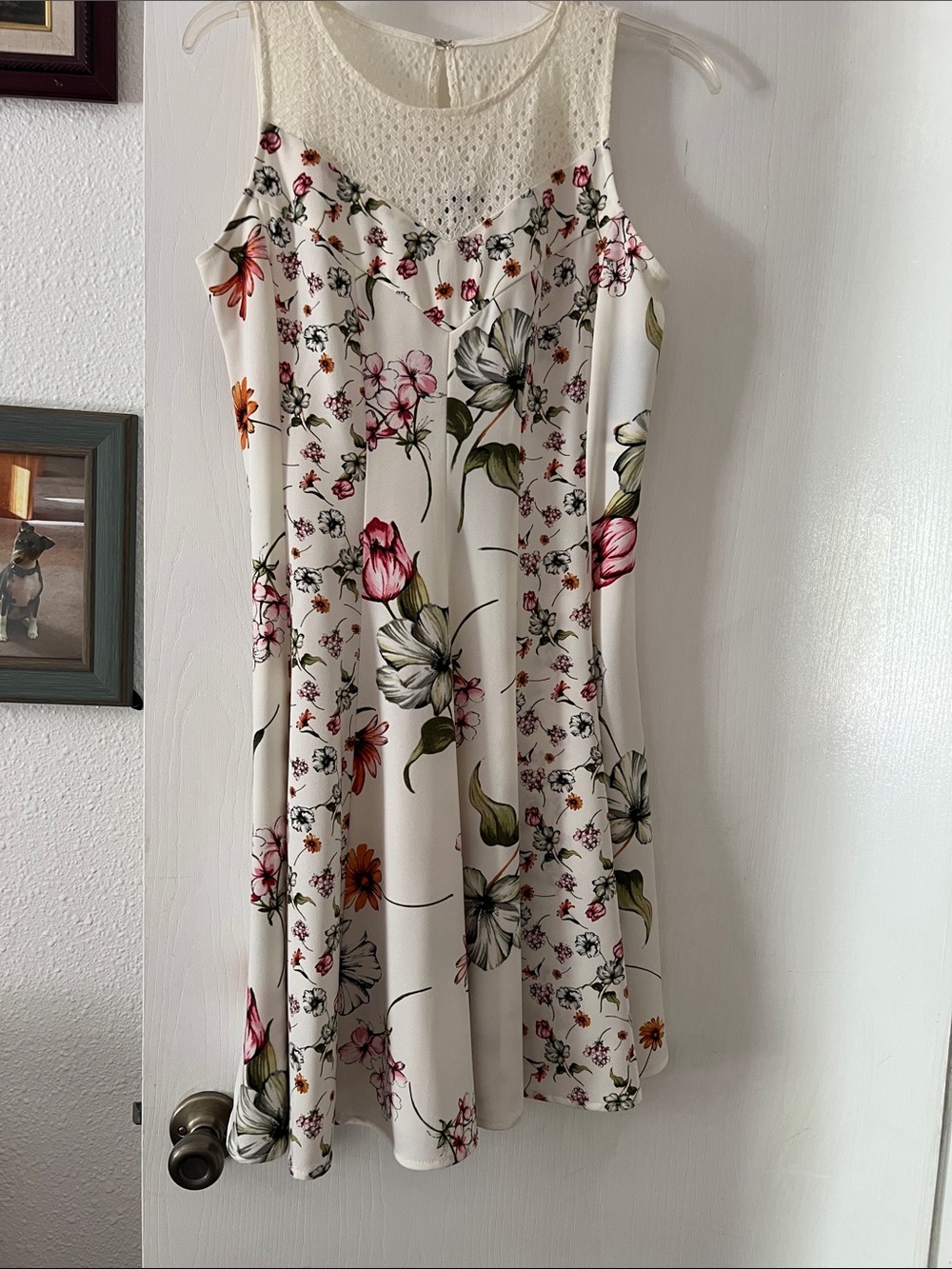 Julian Taylor Cream Sleeveless Floral A-Line Dress with Pink & Green Accents